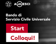 Immagine con la scritta "Bando di Servizio Civile Universale - Start Colloqui" e loghi del Servizio Civile e di Amesci in alto