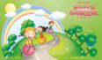 Logo della manifestazione con la scritta Giochi senza Barriere Diritti alla festa e disegno di bambini che saltano su palloni lungo una strada che attraversa un prato con alberi, arcobaleno, sole e nuvolette sullo sfondo