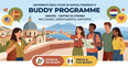 Vignetta che rappresenta un buddy che dà indicazioni a un gruppo di studenti di varie nazionalità