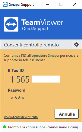 Immagine di aiuto che rappresenta la finestra di dialogo all'avvio di Sinapsi Quick Support