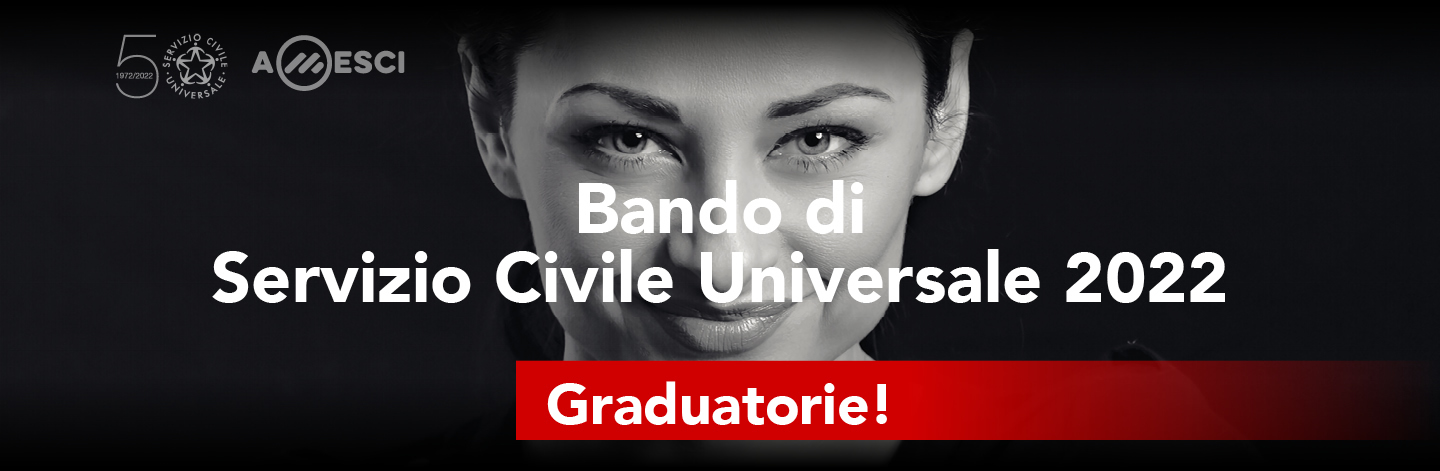 Immagine con volto di giovane donna su sfondo nero, con sovrapposta la scritta "Bando di Servizio Civile Universale 2022 - Graduatorie!" e loghi dei 50 anni del Servizio Civile e di Amesci in alto a sinistra