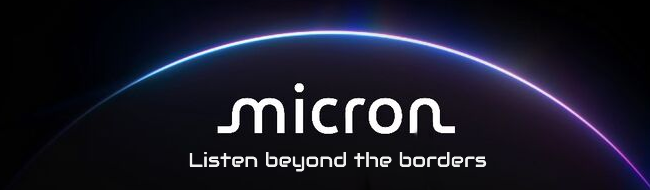Logo Micron con immagine di un arco luminoso e la scritta: micron Listen beyond teh borders