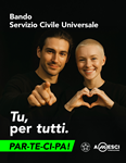 Immagine del Bando di Servizio Civile con loghi Servizio Civile Universale e Amesci e con la scritta: Tu, per tutti. Par-te-ci-pa