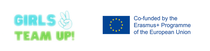 Logo del progetto Girls team up, con loghi Girls team up, Erasmus+ 