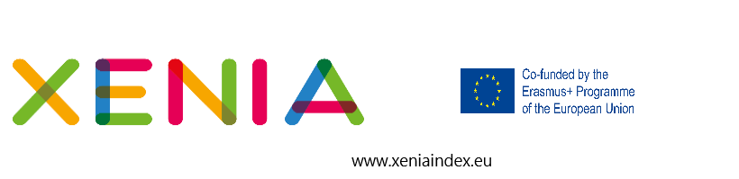 Logo del progetto Xenia con loghi Xenia, Erasmus+ e indirizzo del sito www.xeniaindex.eu