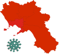 Immagine della Campania colorata di rosso e virus in verde