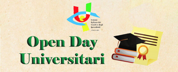 Grafica con logo UICI al di sopra di un testo "Open Day Universitari" con alla sua destra un tocco e una pergamena stilizzati 