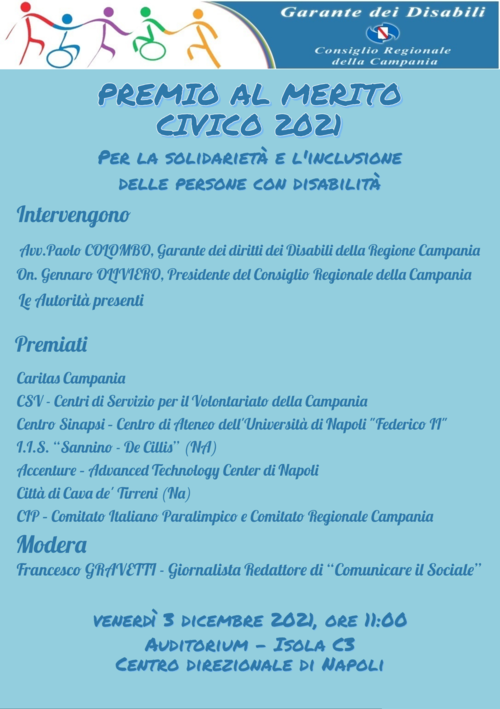 Locandina dell'evento: Premio al merito civico 2021, per la solidarietà e l'inclusione delle persone con disabilità