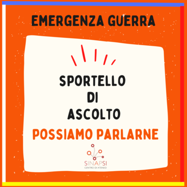 Immagine con testo "Emergenza Guerra" Sportello di ascolto Possiamo Parlarne