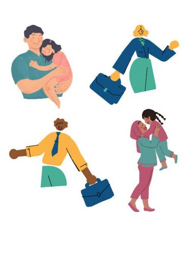 Madri e padri che rappresentate con abiti da lavoro o dedite alla cura della figlia