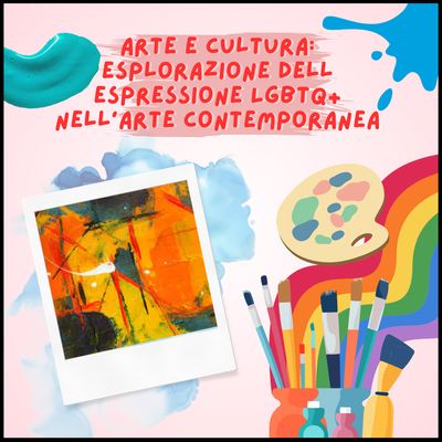 Sfondo con macchie di colore e arcobaleno, in basso a sinistra c'è un quadro, a destra tanti pennelli colorati con una tavoletta