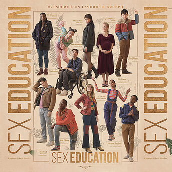 L'immagine mostra i personaggi che compaiono nella serie Netflix "Sex Education"
