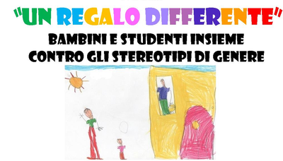 Disegno fatto a mano da un bambino che raffigura il sole, il cielo, una casa con una persona affacciata alla finestra e all'esterno un bambino e uno studente che la salutano.