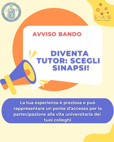 Locandina con megafono contiene testo: avviso bando diventa tutor scegli sinapsi!