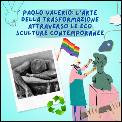 Partendo da sinistra c'è un immagine di Paolo Valerio, accanto una mano che regge una bandiera rainbow, sulla destra c'è uno scultore che realizza una sua opera