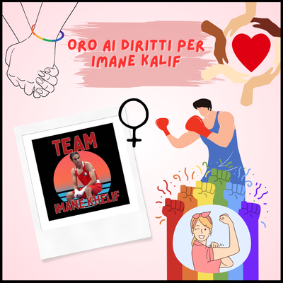 In alto a destra e a sinistra tante mani, in basso a sinistra c'è un'immagine di Imane Kalif e a sinistra un* pugile con i guantoni