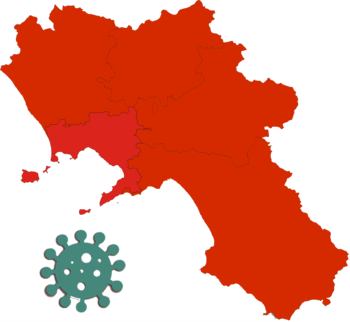 Immagine della Campania colorata di rosso e virus in verde