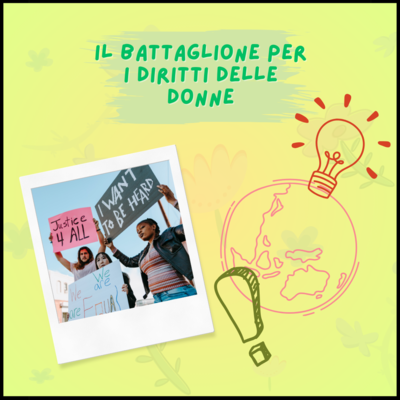 Immagine di donne con striscioni per chiedere diritti, al lato immagine stilizzata del mondo con in basso un punto esclamativo e in alto una lampadina