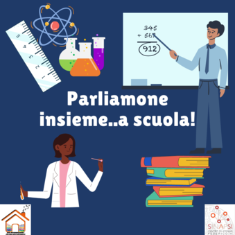 Immagine che rappresenta un insegnante alla lavagna e una Scienziata con al centro la scritta "Parliamone insieme a scuola!"