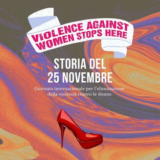 Sfondo sfumato con i colori simbolo della giornata contro la violenza maschile sulle donne (arancione, rosso e viola) con l'immagine di un paio di scarpe rosse 