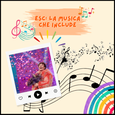 In basso a sinistra c'è una foto del vincitore dell'ESC, in alto e a destra ci sono delle note musicali, in basso a destra c'è un arcobaleno