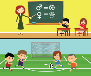 la vignetta descrive due situazioni scolastiche: nella prima c'è un educazione caratterizzata dall'appiattimento sugli stereotipi di genere (maschio pallone, femmina bambola). Nella seconda invece gli stereotipi sono sovvertiti perchè una bimba gioca a calcio con gli amici maschi