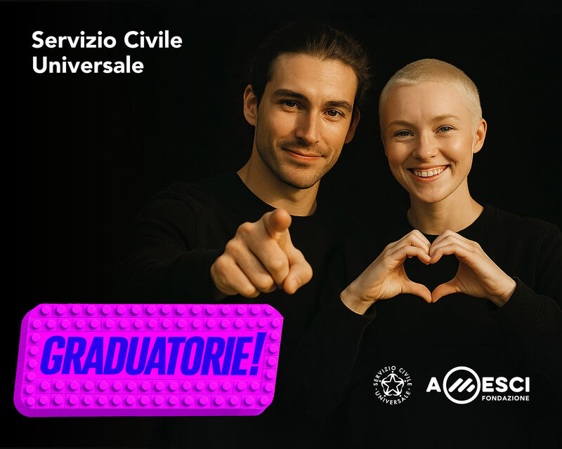 Immagine del Bando di Servizio Civile con loghi Servizio Civile Universale e Amesci e con la scritta: GRADUATORIE!