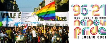 Immagine del primo Pride di Napoli insieme alla locandina del Pride di Napoli del 2021