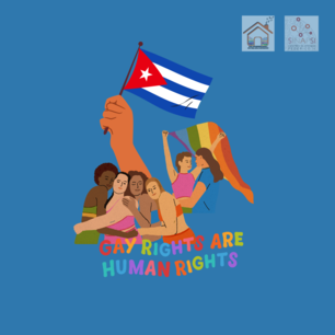 Gruppo di persone dello stesso sesso con bandiera rainbow e cubana