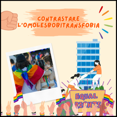In basso ci sono tante mani con bandiere arcobaleno, a sinistra c'è una foto di persone con simboli rainbow, a destra c'è un grattacielo con due persone che si prendono per mano, in  alto a sinistra c'è una mano chiusa in un pugno