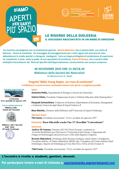 Locandina del Seminario "LE RISORSE DELLA DISLESSIA: IL SUCCESSO RACCONTATO IN UN MARE DI EMOZIONI"