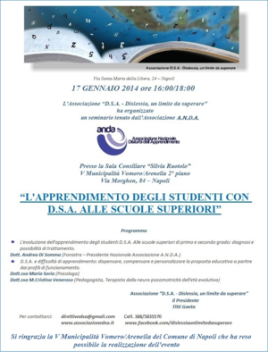 Locandina del Seminario "L'apprendimento degli studenti con DSA alle scuole superiori"