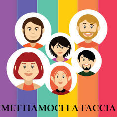 Sfondo arcobaleno con le facce di tante persone e la scritta mettiamoci la faccia