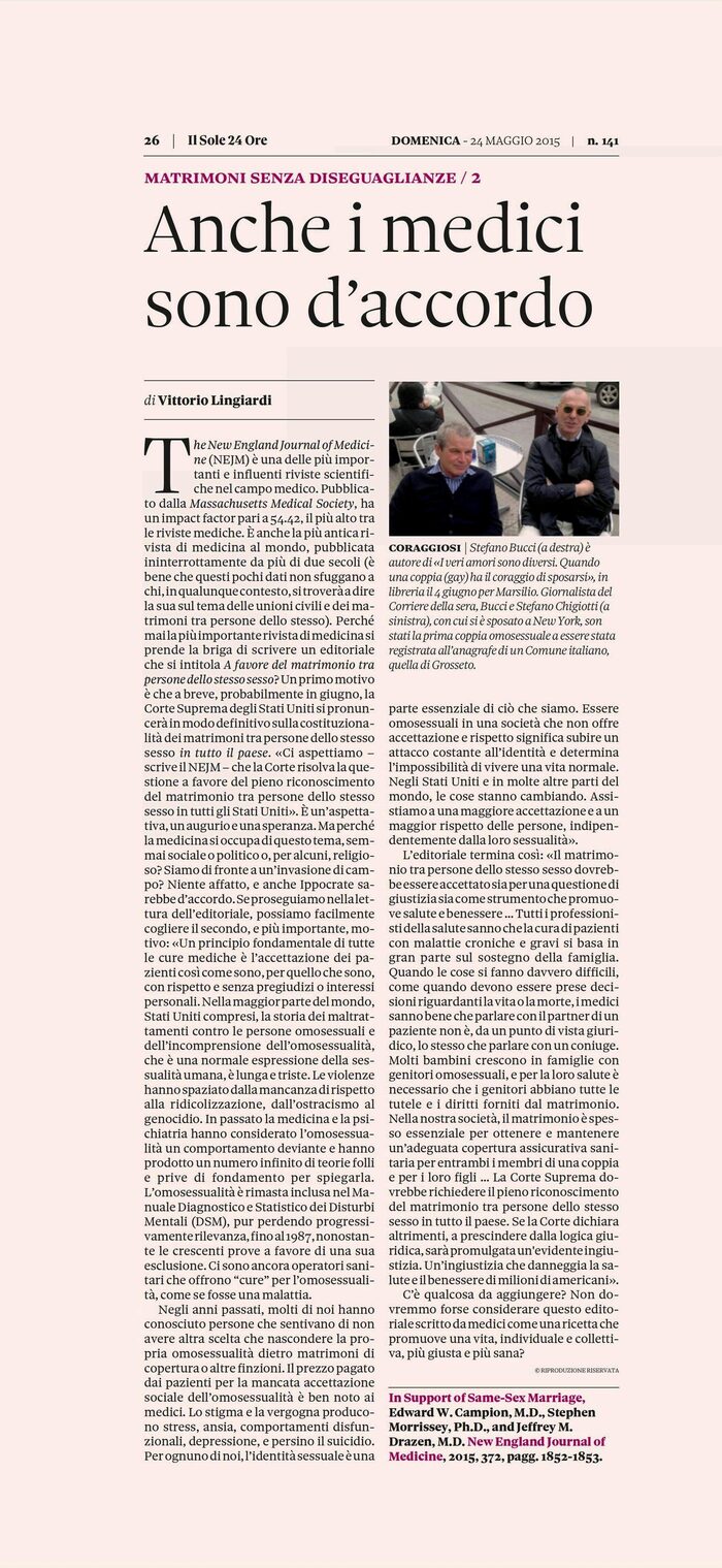 Articolo del Prof. Vittorio Lingiardi, pubblicato sul "Il Sole 24 ore"