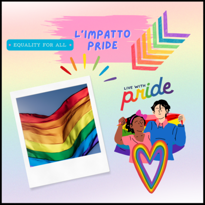 A sinistra c'è un'immagine di una bandiera rainbow, a destra un ragazzi che portano la bandiera con avanti un cuore arcobaleno, in altro la scritta "love with pride"