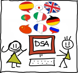disegno di due alunni con al centro un computer con la scritta DSA e sopra fumetti di diverse lingue