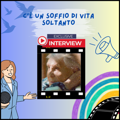 Al centro un'immagine di Lucy Salani a sinistra un'intervistatrice, a destra un megafono e in basso una pellicola