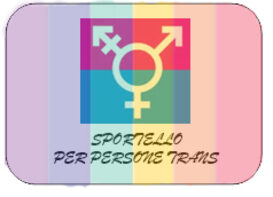 Sfondo arcobaleno con simbolo transgendere e scritta Sportello per persone Trans
