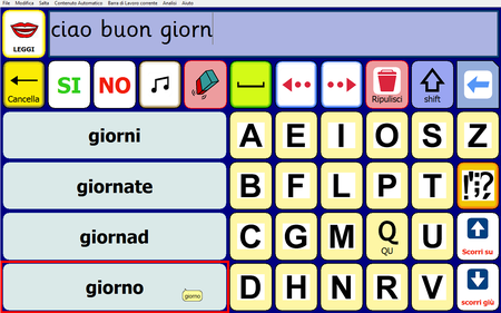 Immagine della griglia di un comunicatore, costituita da varie celle contenenti lettere,predizioni e segni di punteggiatura