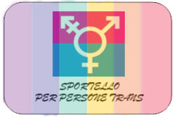 Sfondo arcobaleno con al centro il simbolo transgender e la scritta sportello per persone Trans