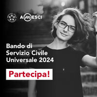 Immagine con volto di giovane donna su sfondo nero, con sovrapposta la scritta "Bando di Servizio Civile Universale 2024 - Partecipa!" e loghi del Servizio Civile e di Amesci in alto a sinistra