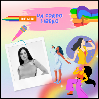 In basso a sinistra c'è l'immagine della cantante Elodie, con sopra un microfono colorato, in alto la scritta "love is love" con bandiera rainbow, a destra delle immagini di cantanti e in alto una mano col pugno chiuso con i colori arcobaleno