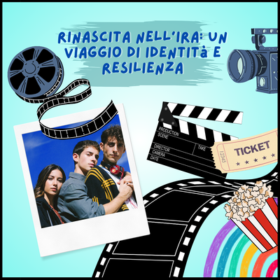 In basso a sinistra c'è l'immagine che raffigura i tre protagonisti del film, in alto c'è un rullino, sulla destra c'è un altro rullino con sopra un ciack e una videocamera, accanto c'è un ticket e dei pop corn